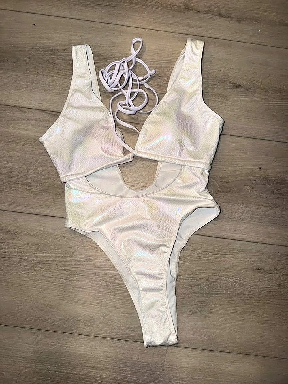 Holographic Cutout One-Piece Swimsuit in White Like New